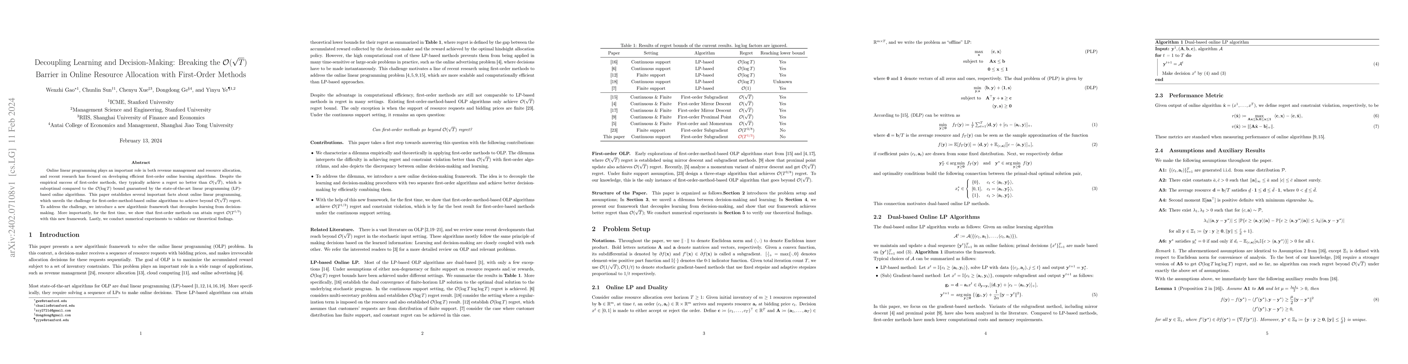 Thumbnail for Decoupling Learning and Decision-Making: Breaking the
  $\mathcal{O}(\sqrt{T})$ Barrier in Online Resource Allocation with
  First-Order Methods