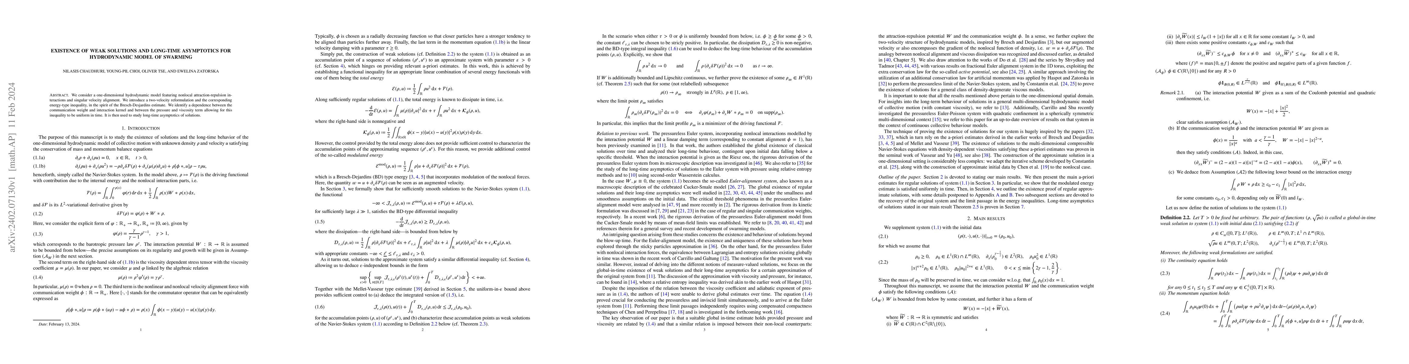 Thumbnail for Existence of weak solutions and long-time asymptotics for hydrodynamic
  model of swarming