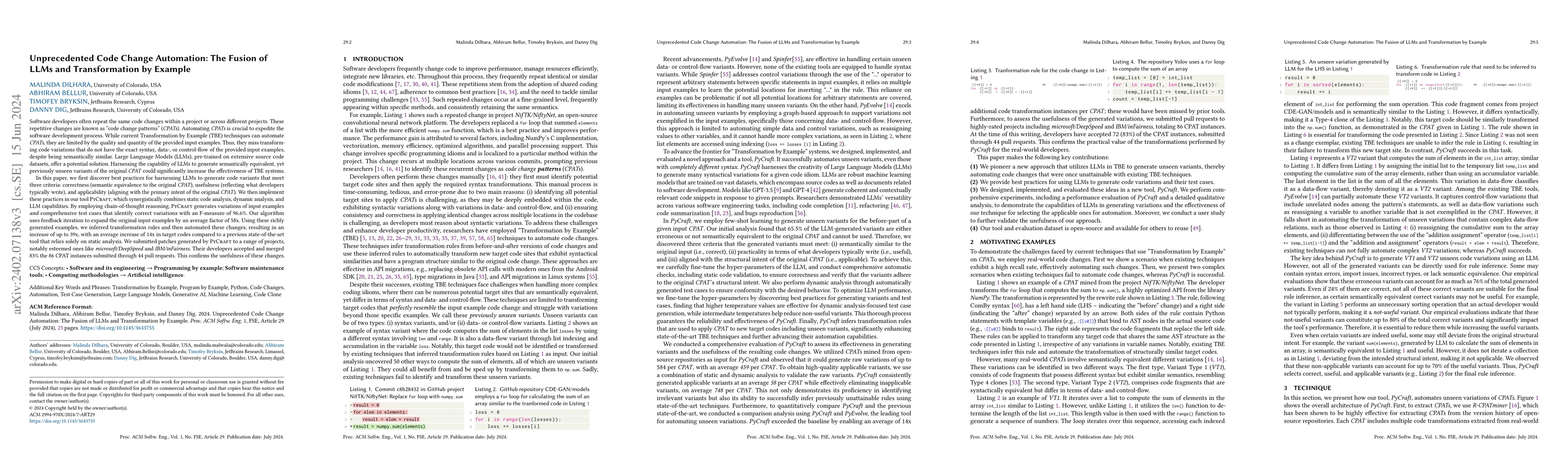 Thumbnail for Unprecedented Code Change Automation: The Fusion of LLMs and
  Transformation by Example