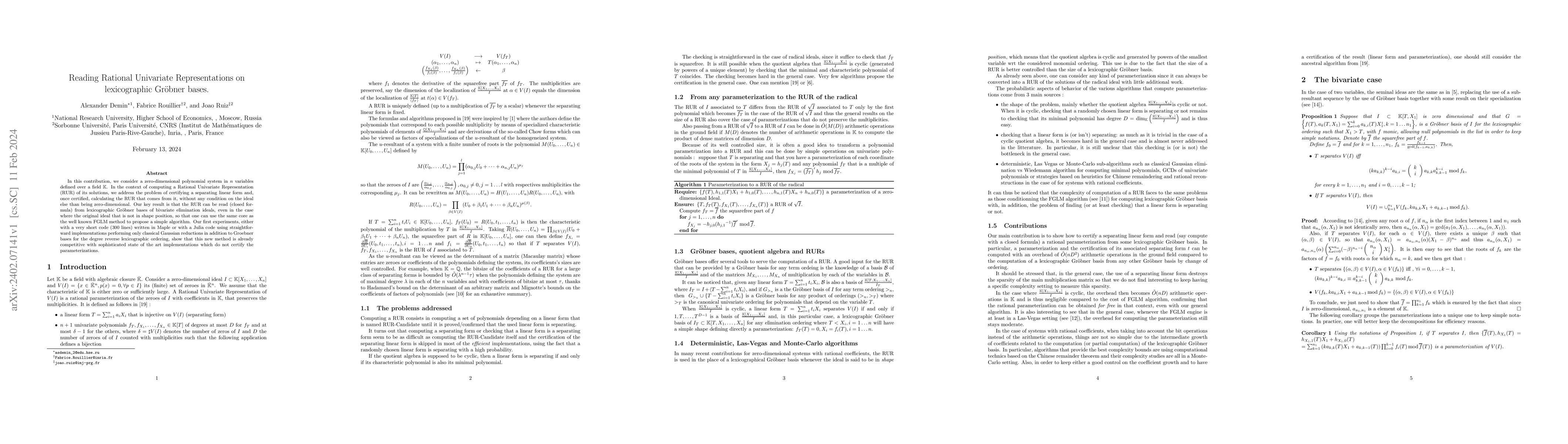 Thumbnail for Reading Rational Univariate Representations on lexicographic Groebner
  bases