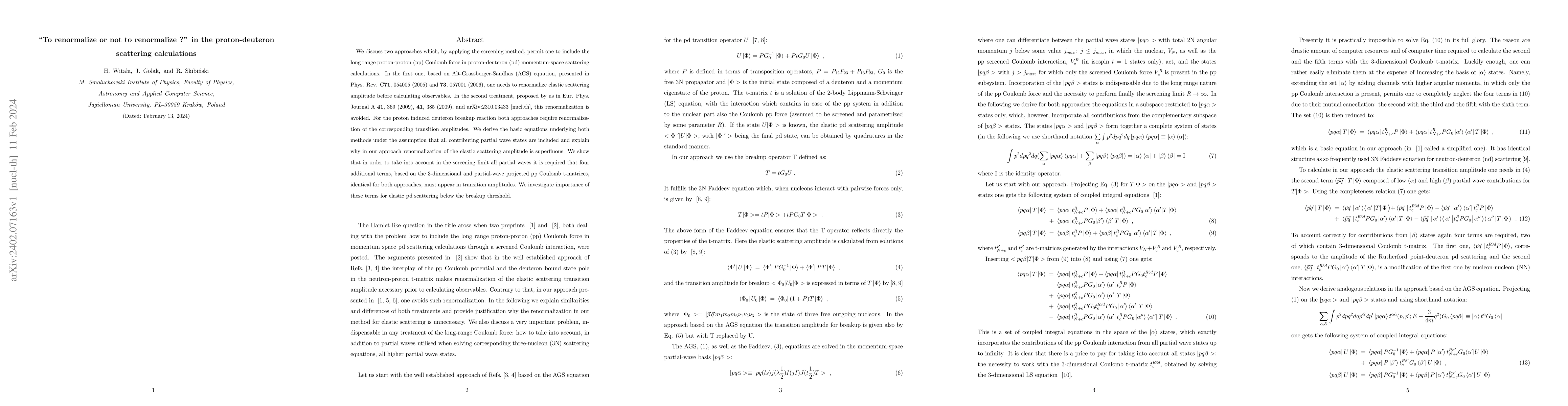 Thumbnail for "To renormalize or not to renormalize ?'' in the proton-deuteron
  scattering calculations