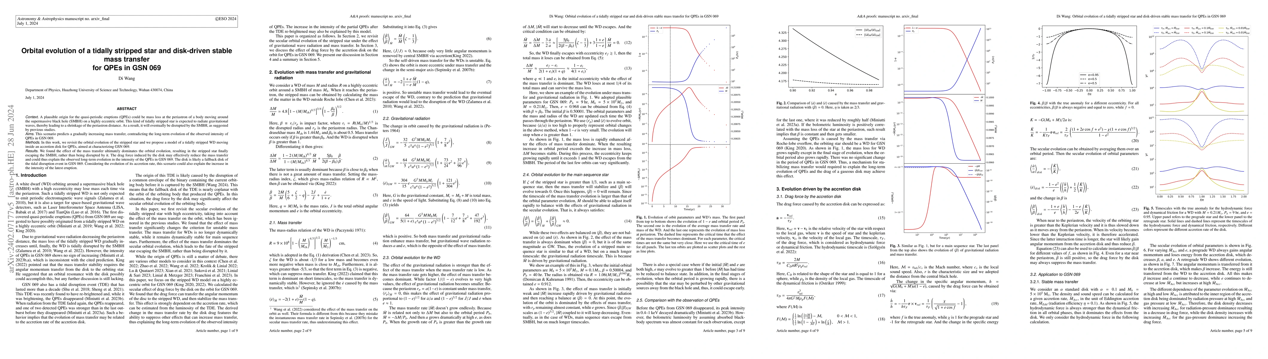 Thumbnail for The orbital evolution of the tidally stripped star and disk-driven
  stable mass transfer for QPEs in GSN 069