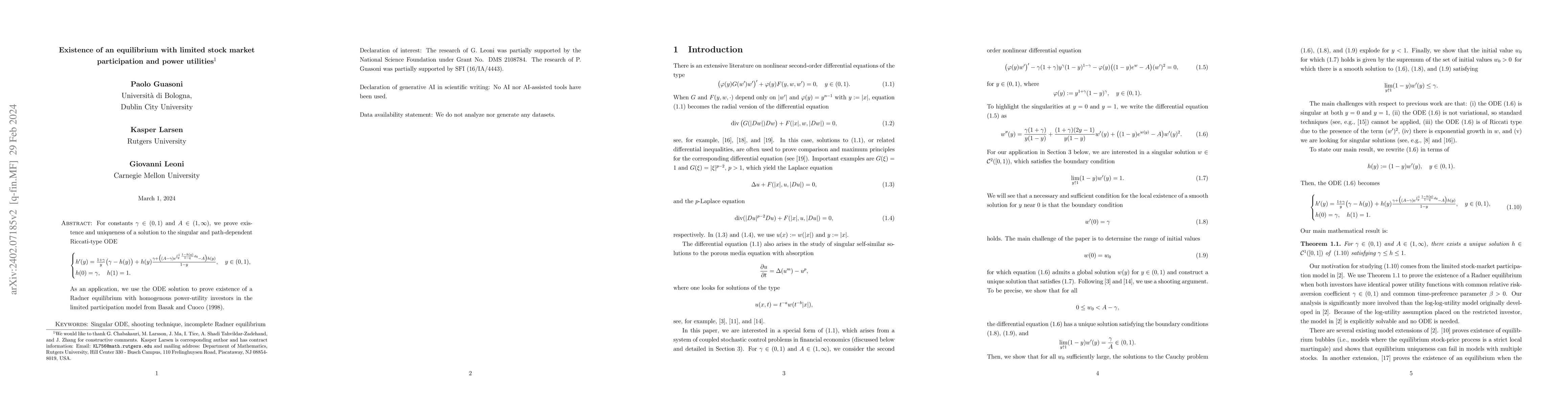 Thumbnail for Existence of an equilibrium with limited stock market participation and
  power utilities