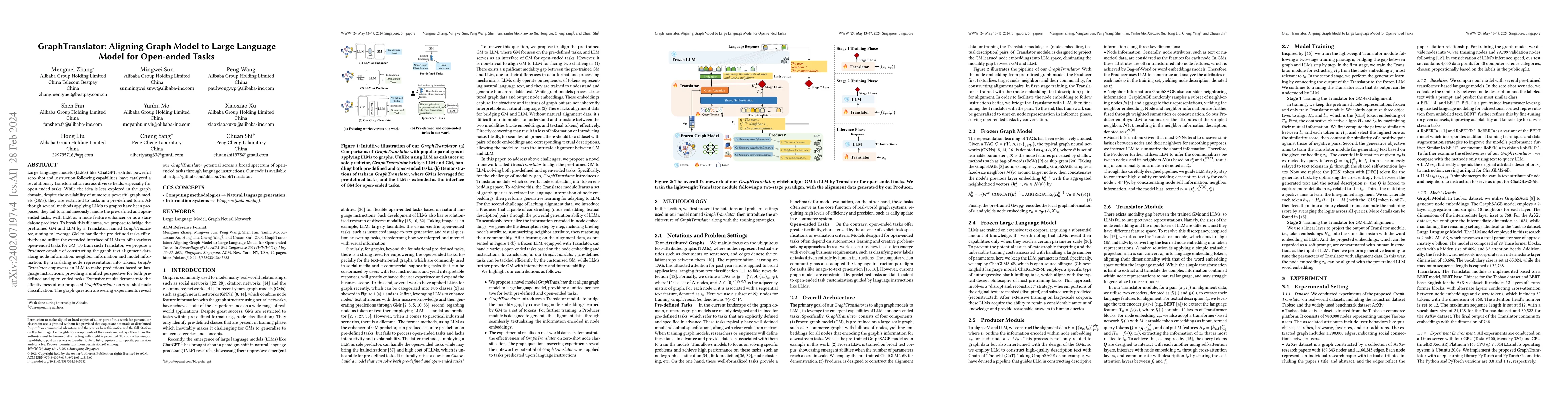 Thumbnail for GraphTranslator: Aligning Graph Model to Large Language Model for
  Open-ended Tasks