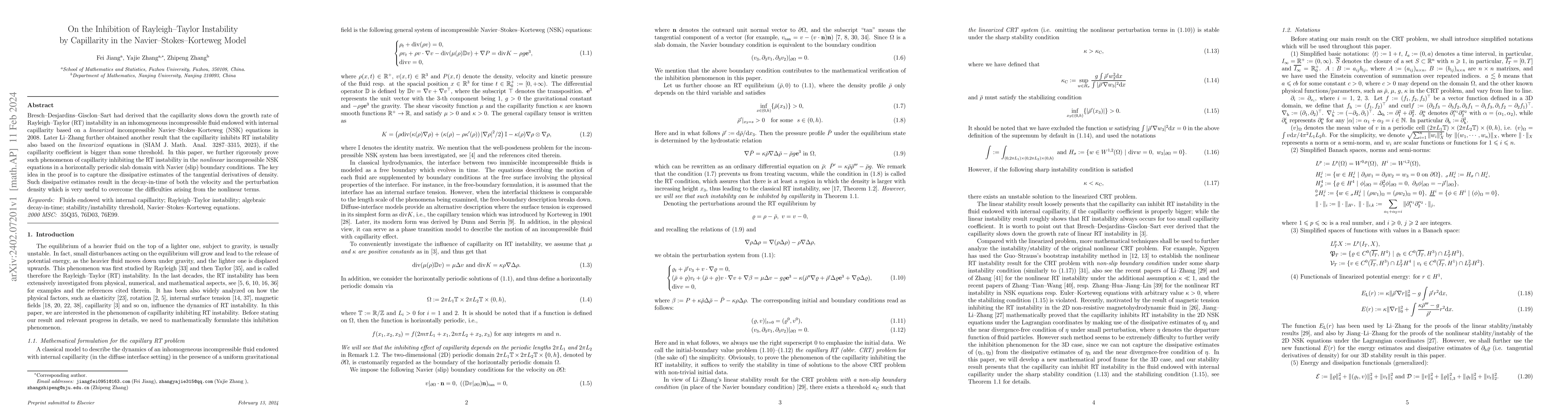 Thumbnail for On the Inhibition of Rayleigh Taylor Instability by Capillarity in the
  Navier Stokes Korteweg Model