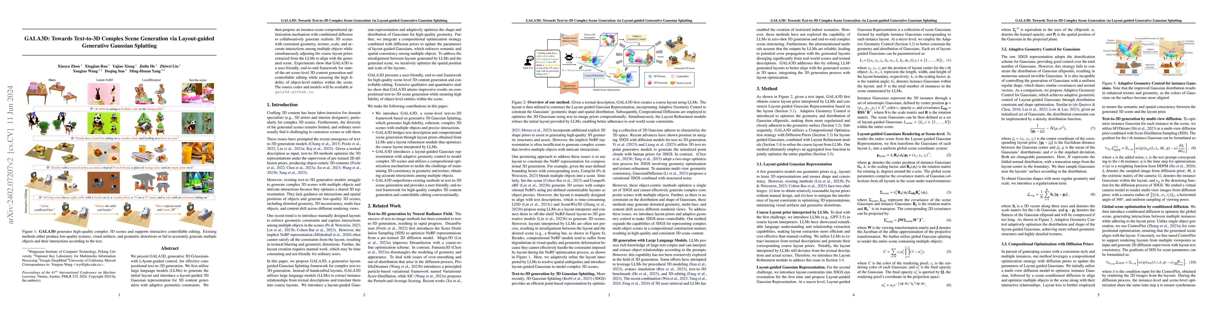 Thumbnail for GALA3D: Towards Text-to-3D Complex Scene Generation via Layout-guided
  Generative Gaussian Splatting