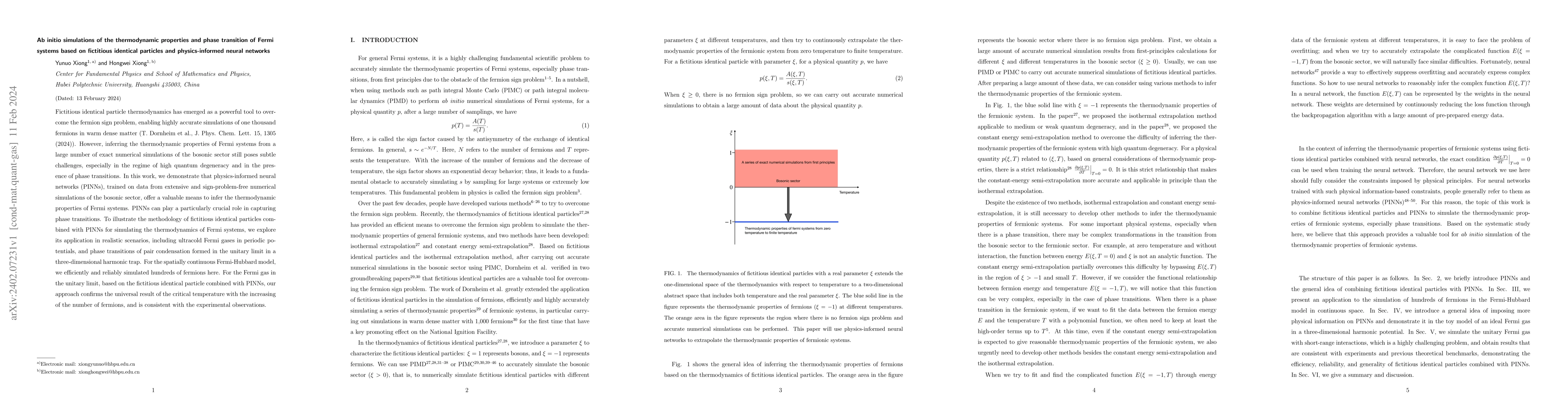 Thumbnail for Ab initio simulations of the thermodynamic properties and phase
  transition of Fermi systems based on fictitious identical particles and
  physics-informed neural networks