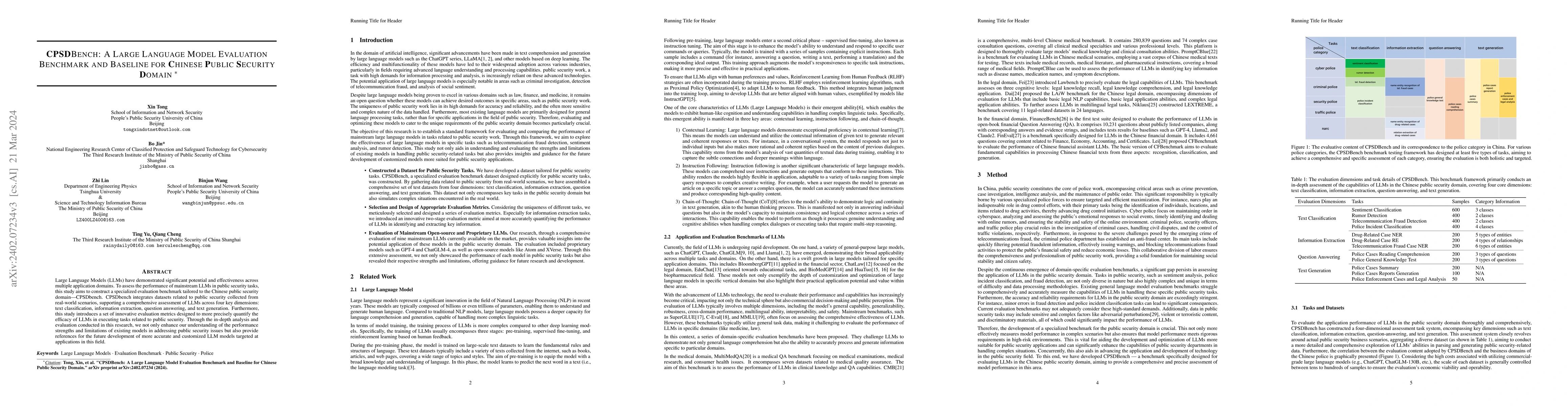 Thumbnail for CPSDBench: A Large Language Model Evaluation Benchmark and Baseline for
  Chinese Public Security Domain