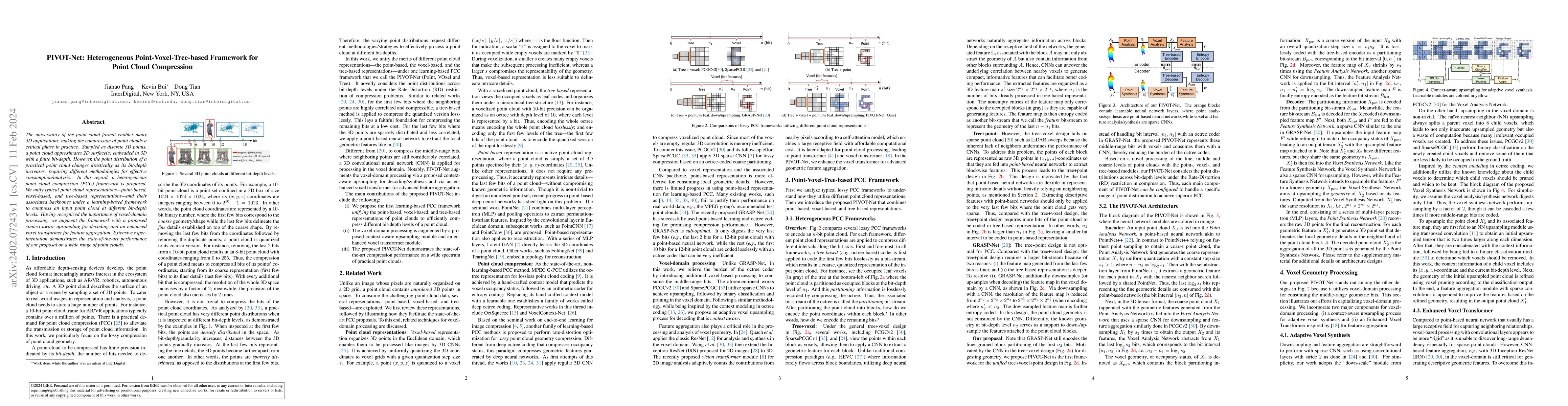Thumbnail for PIVOT-Net: Heterogeneous Point-Voxel-Tree-based Framework for Point
  Cloud Compression