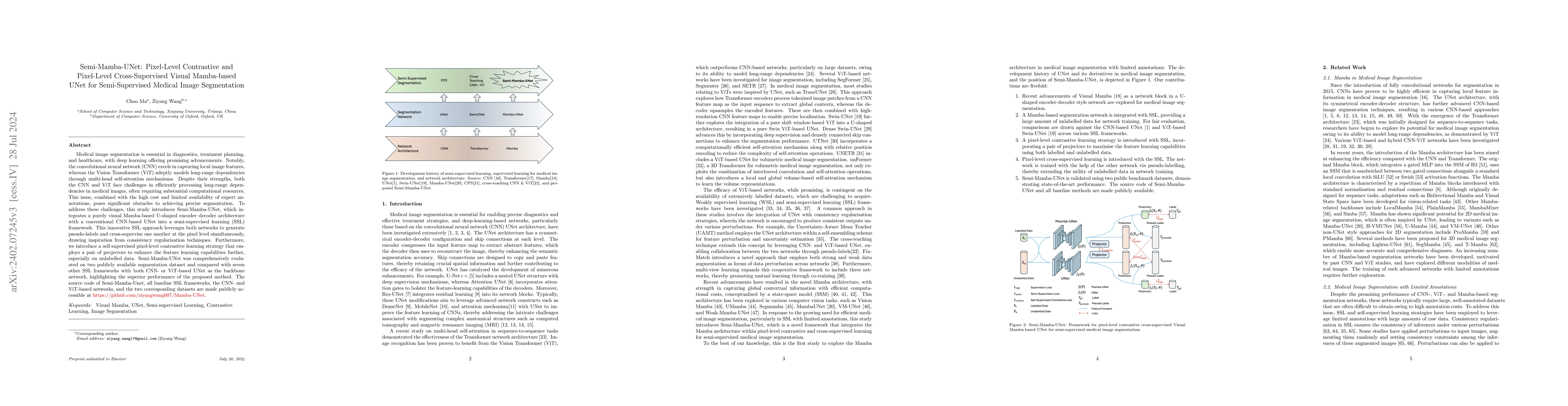 Thumbnail for Semi-Mamba-UNet: Pixel-Level Contrastive and Pixel-Level
  Cross-Supervised Visual Mamba-based UNet for Semi-Supervised Medical Image
  Segmentation