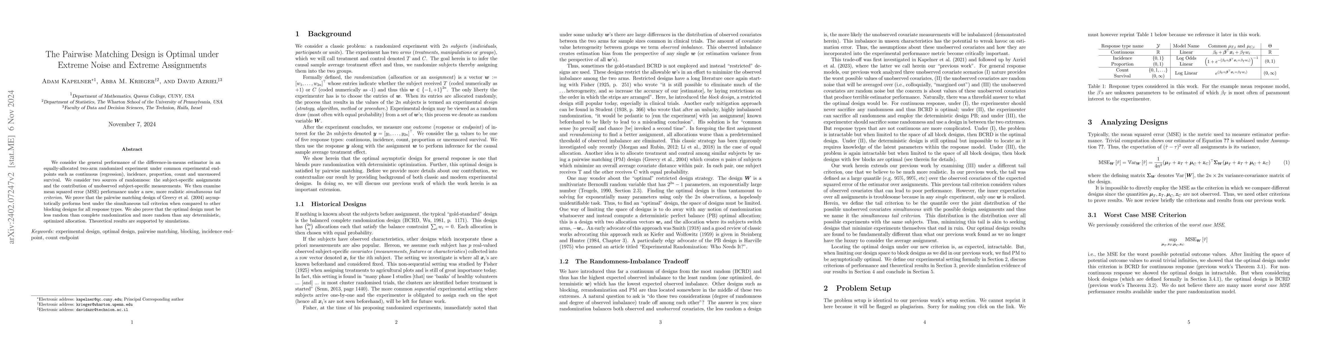 Thumbnail for The Pairwise Matching Design is Optimal under Extreme Noise and
  Assignments