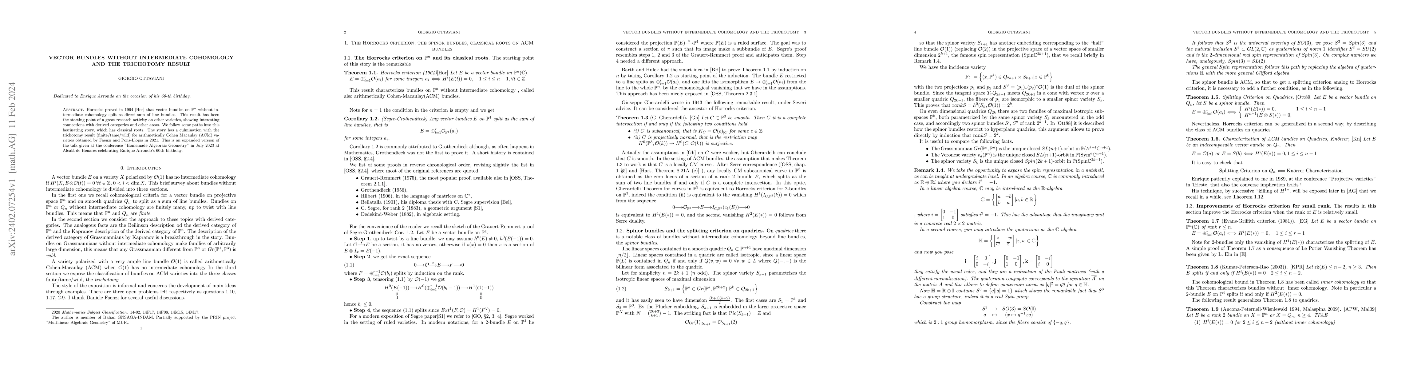 Thumbnail for Vector bundles without intermediate cohomology and the trichotomy result