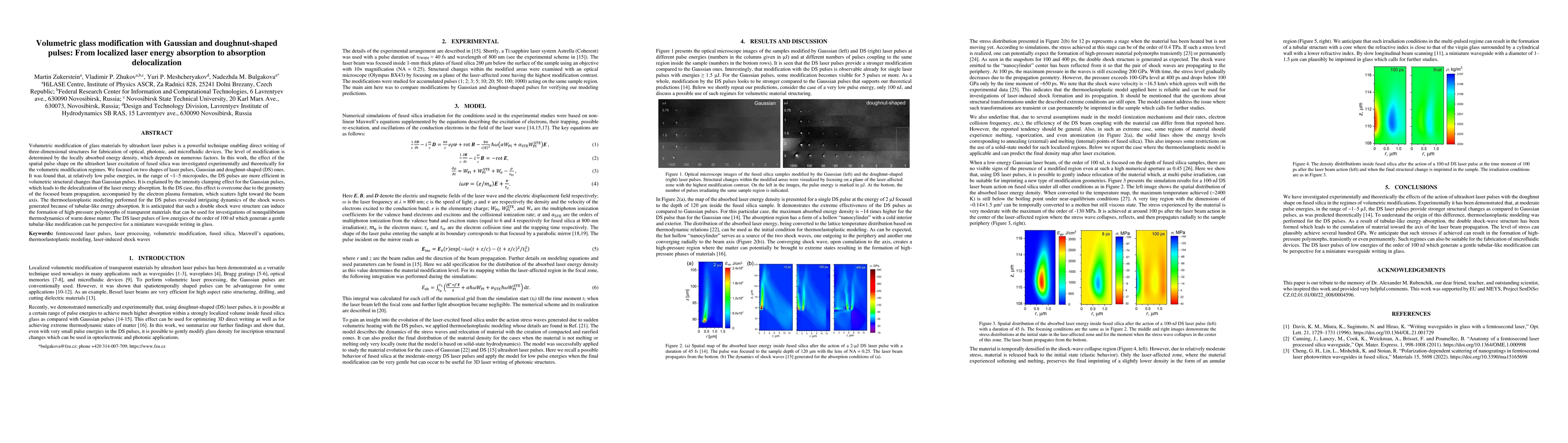Thumbnail for Volumetric glass modification with Gaussian and doughnut-shaped pulses:
  From localized laser energy absorption to absorption delocalization
