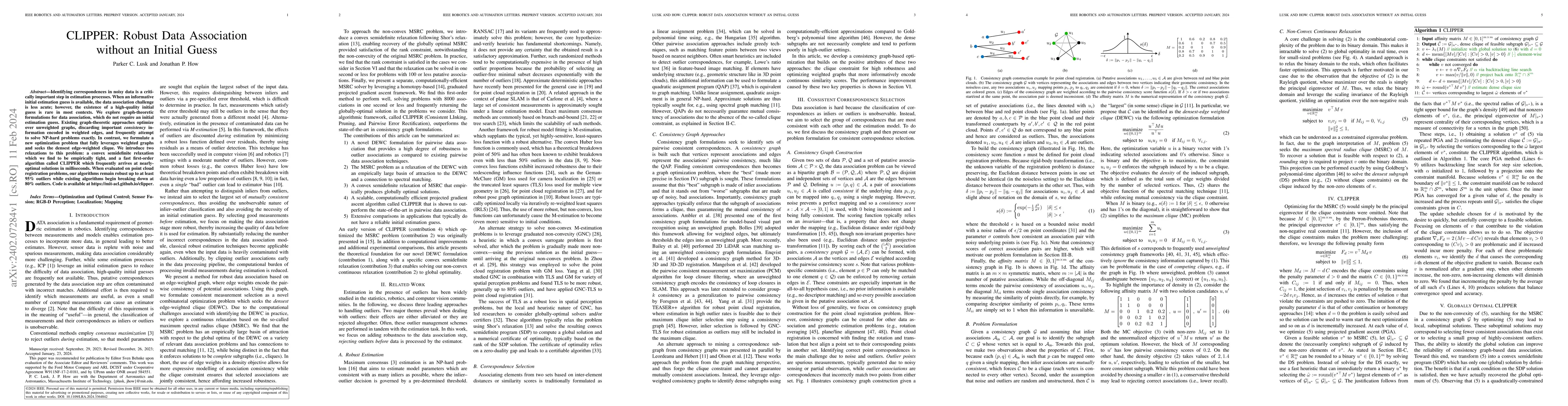 Thumbnail for CLIPPER: Robust Data Association without an Initial Guess