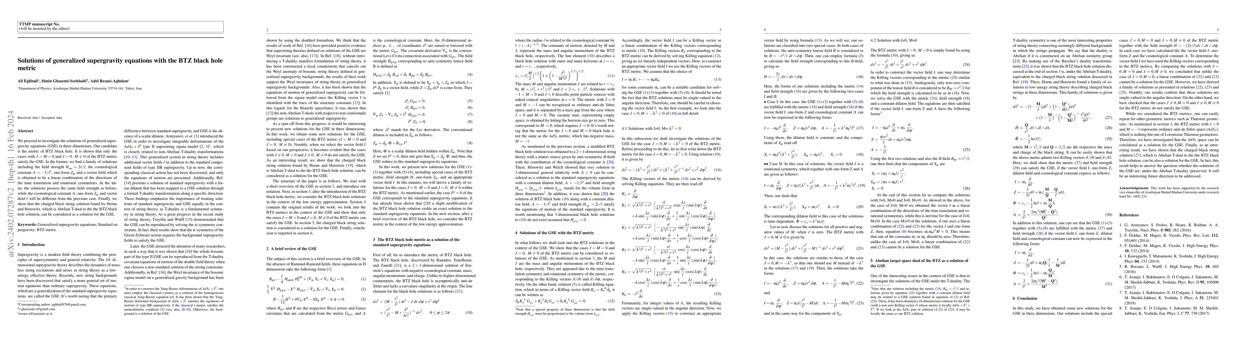 Thumbnail for Solutions of generalized supergravity equations with the BTZ black hole
  metric