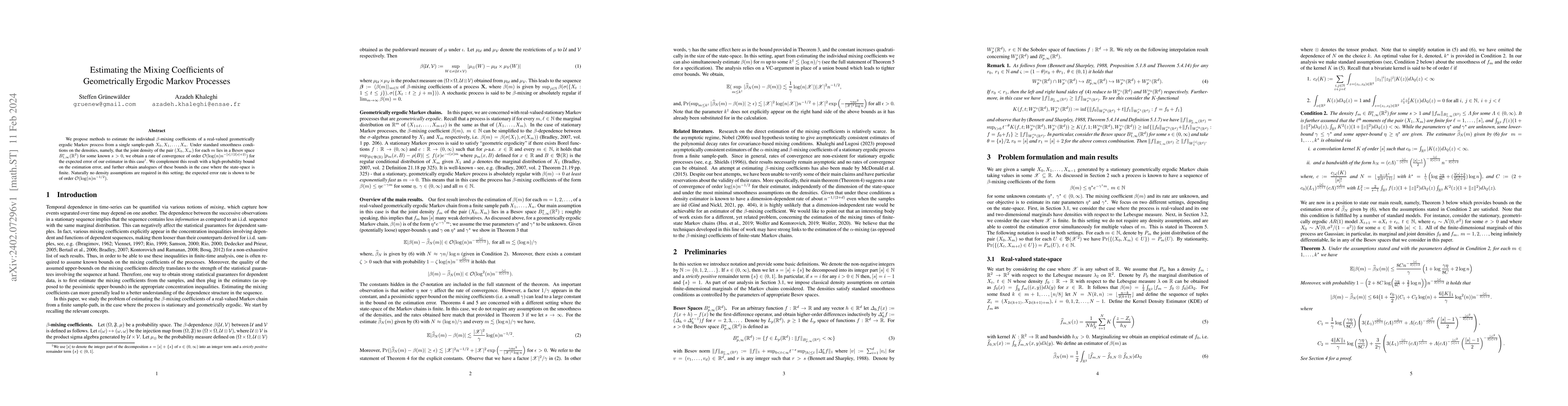 Thumbnail for Estimating the Mixing Coefficients of Geometrically Ergodic Markov
  Processes