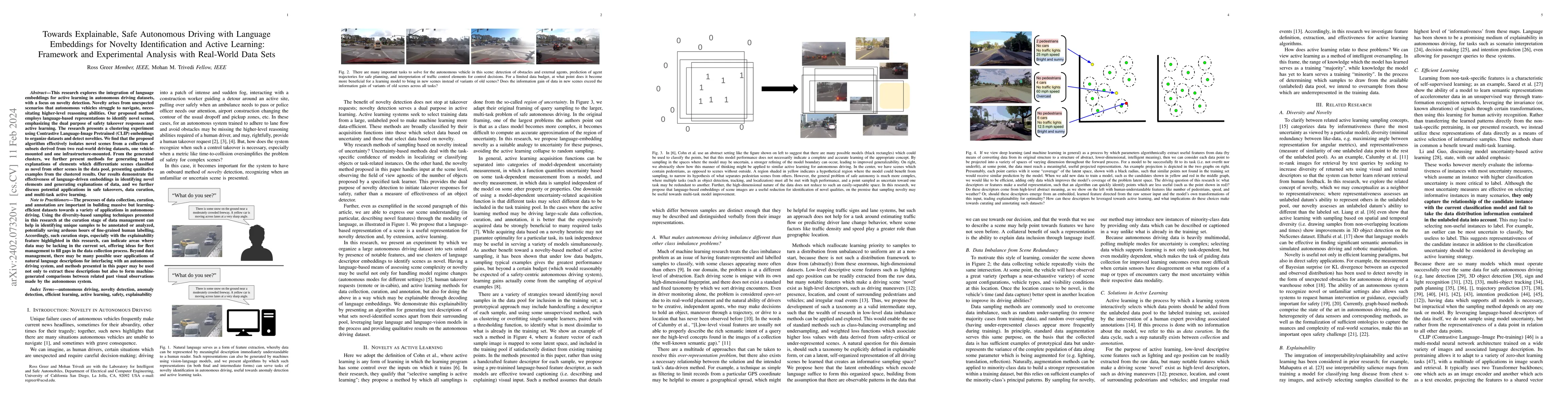 Thumbnail for Towards Explainable, Safe Autonomous Driving with Language Embeddings
  for Novelty Identification and Active Learning: Framework and Experimental
  Analysis with Real-World Data Sets