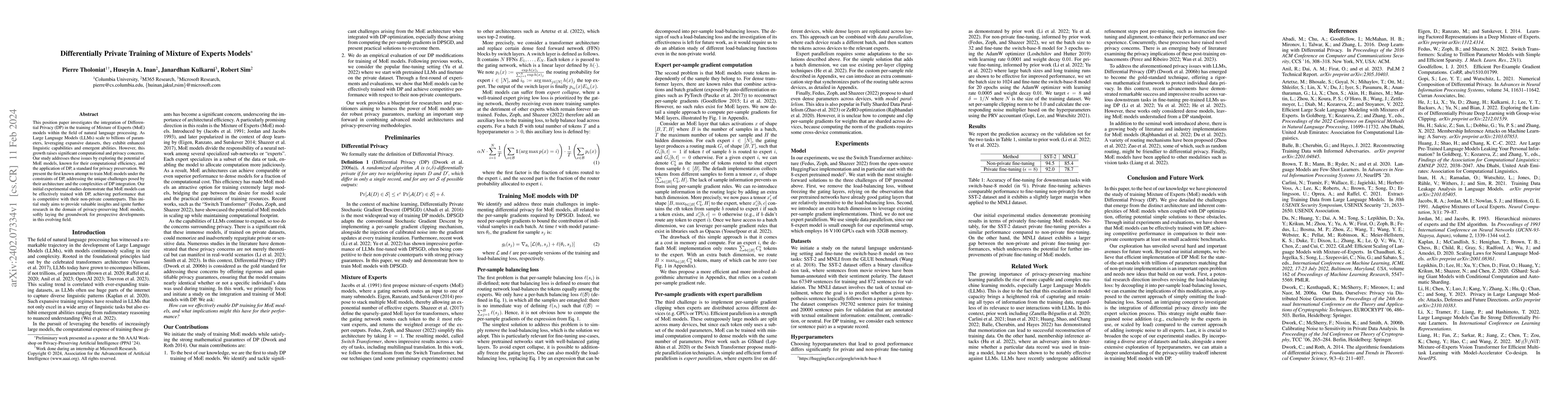 Thumbnail for Differentially Private Training of Mixture of Experts Models