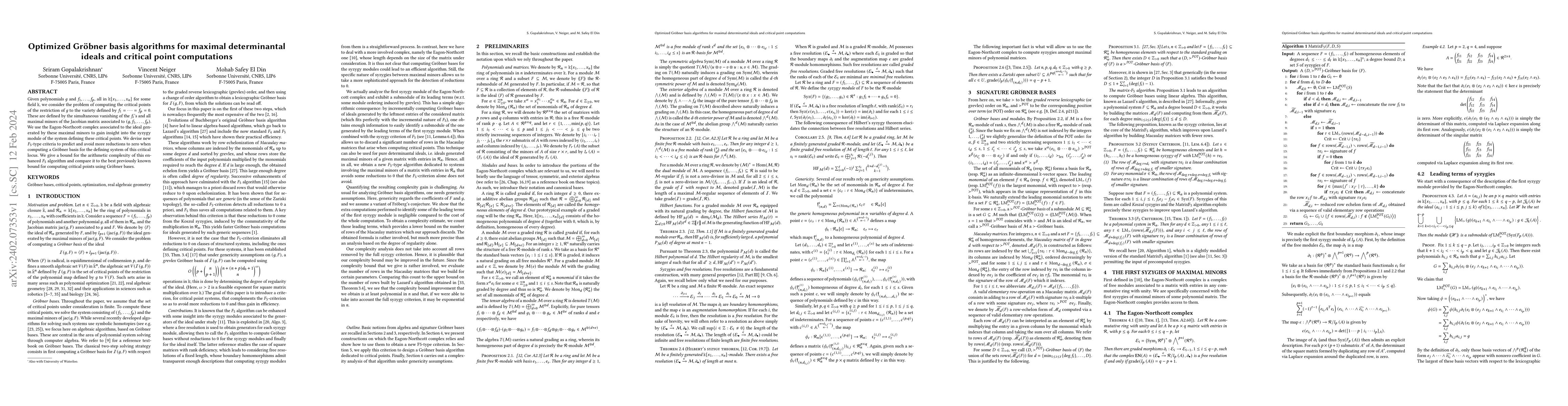 Thumbnail for Optimized Gr\"obner basis algorithms for maximal determinantal ideals
  and critical point computations