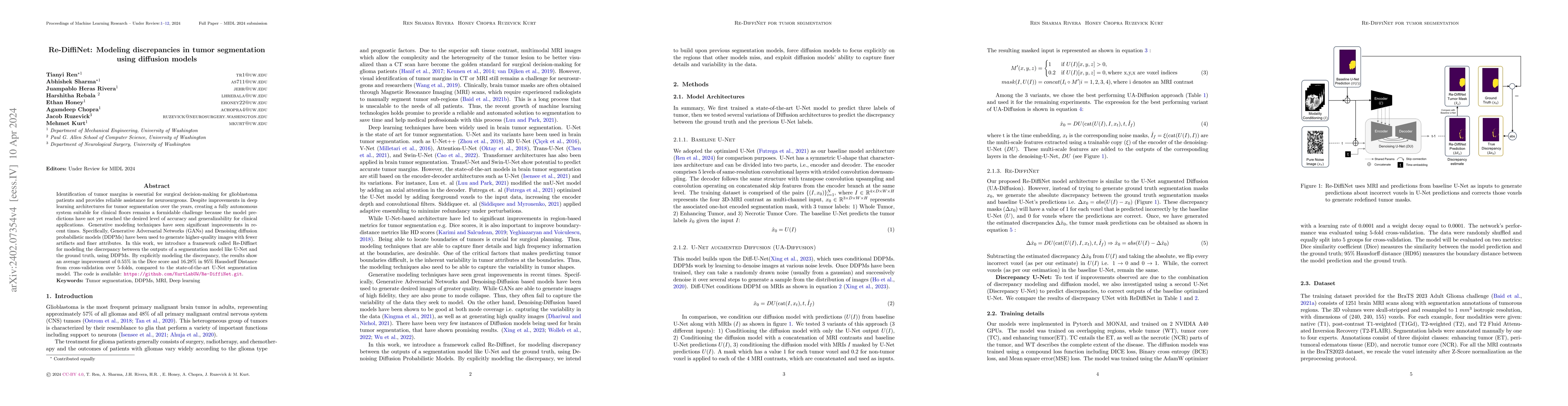Thumbnail for Re-DiffiNet: Modeling discrepancies in tumor segmentation using
  diffusion models