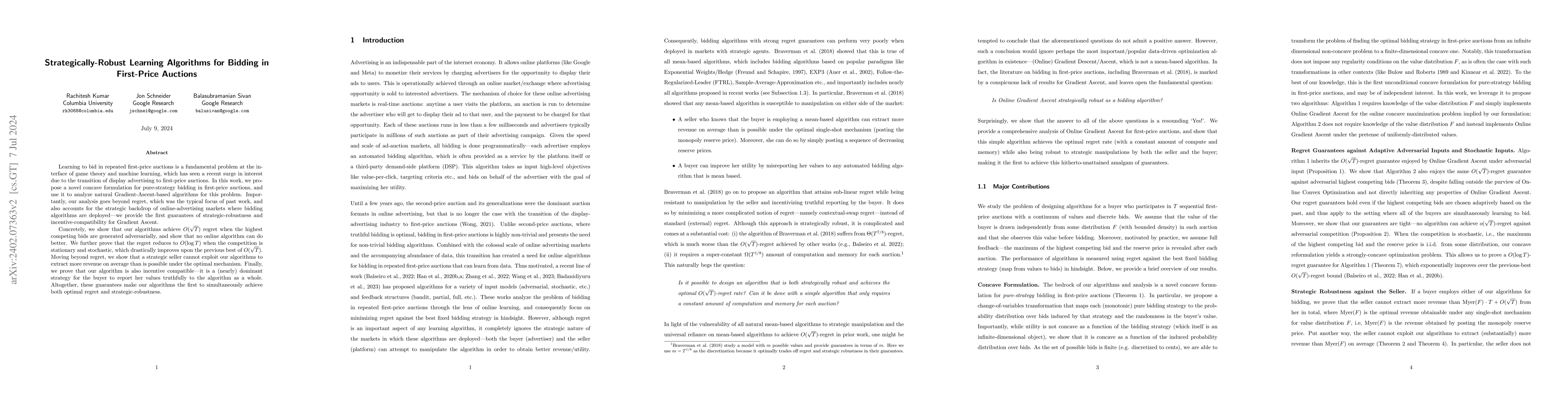 Thumbnail for Strategically-Robust Learning Algorithms for Bidding in First-Price
  Auctions