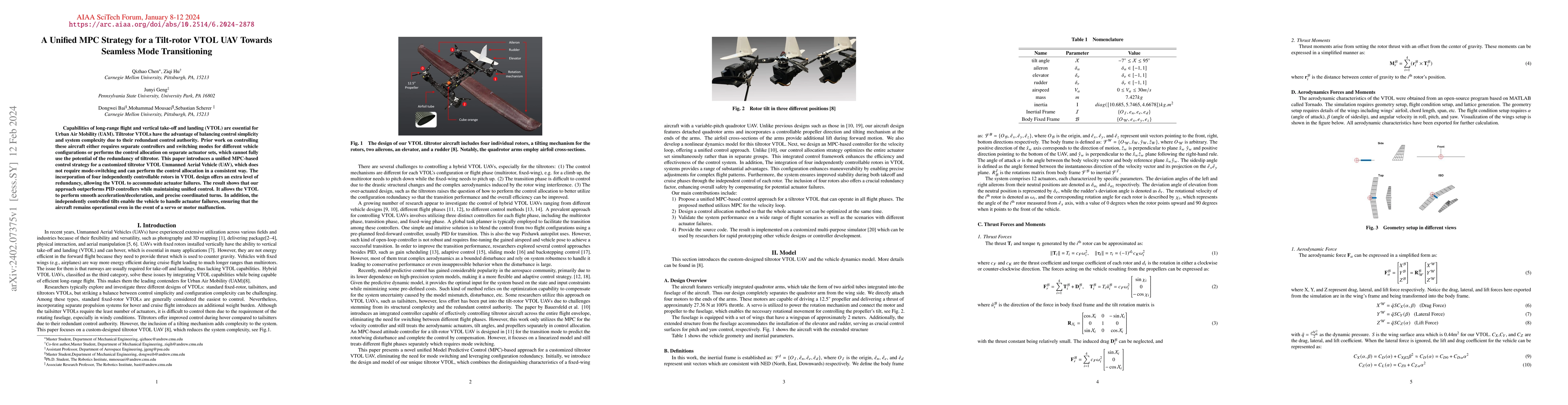Thumbnail for A Unified MPC Strategy for a Tilt-rotor VTOL UAV Towards Seamless Mode
  Transitioning