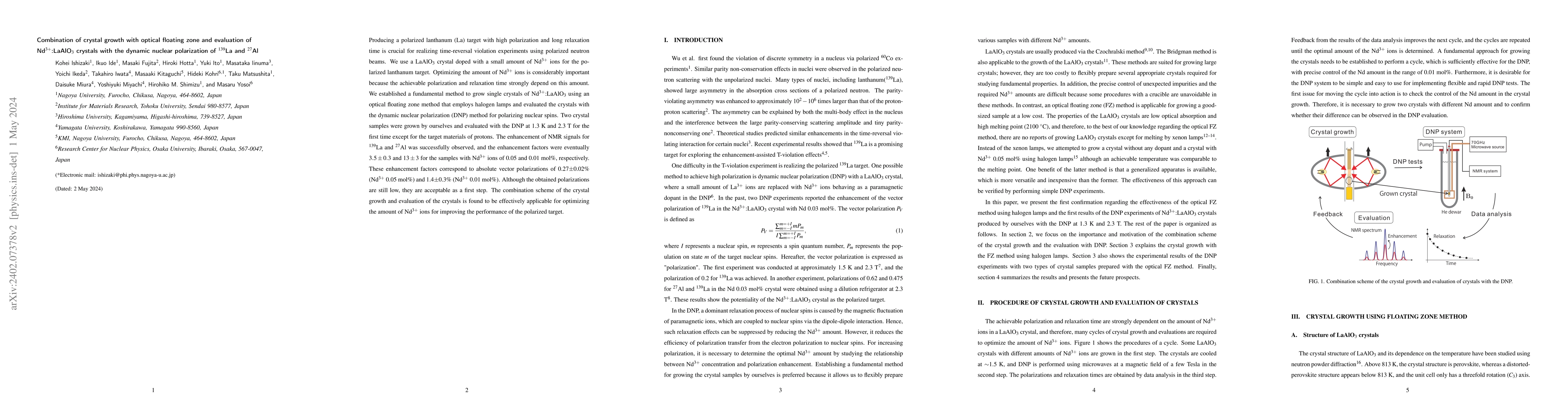 Thumbnail for Combination of crystal growth with optical floating zone and evaluation
  of Nd3+:LaAlO3 crystals with the dynamic nuclear polarization of 139La and
  27Al