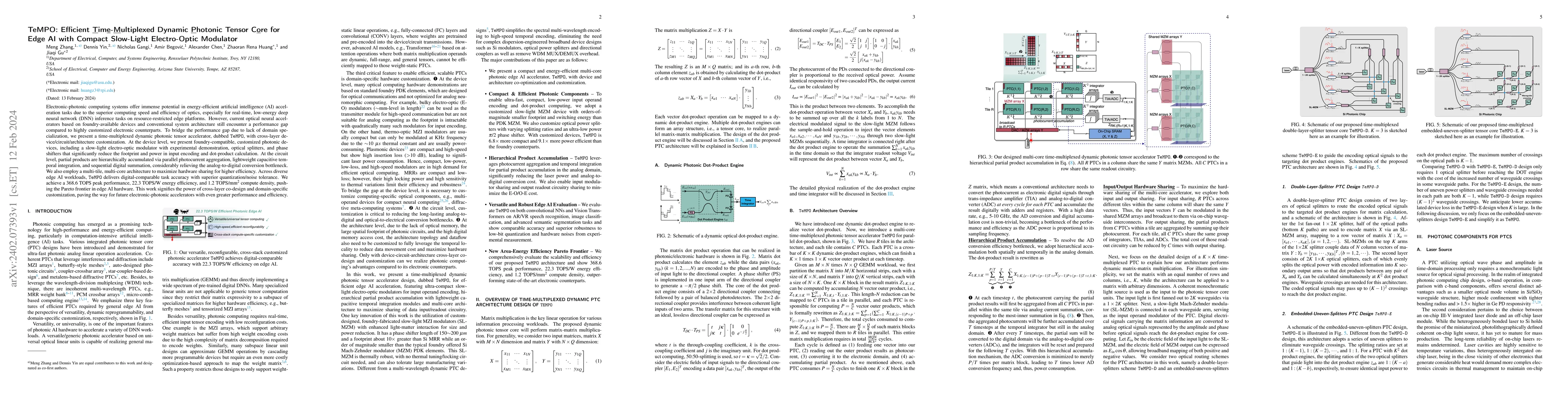 Thumbnail for TeMPO: Efficient Time-Multiplexed Dynamic Photonic Tensor Core for Edge
  AI with Compact Slow-Light Electro-Optic Modulator
