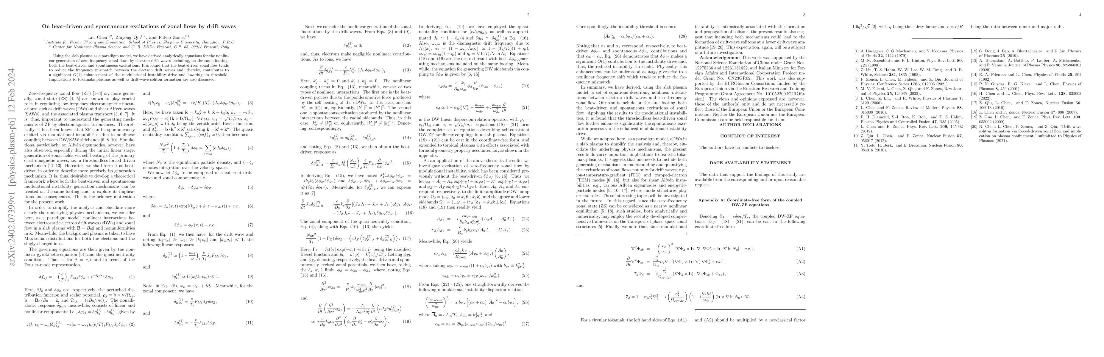 Thumbnail for On beat-driven and spontaneous excitations of zonal flows by drift waves