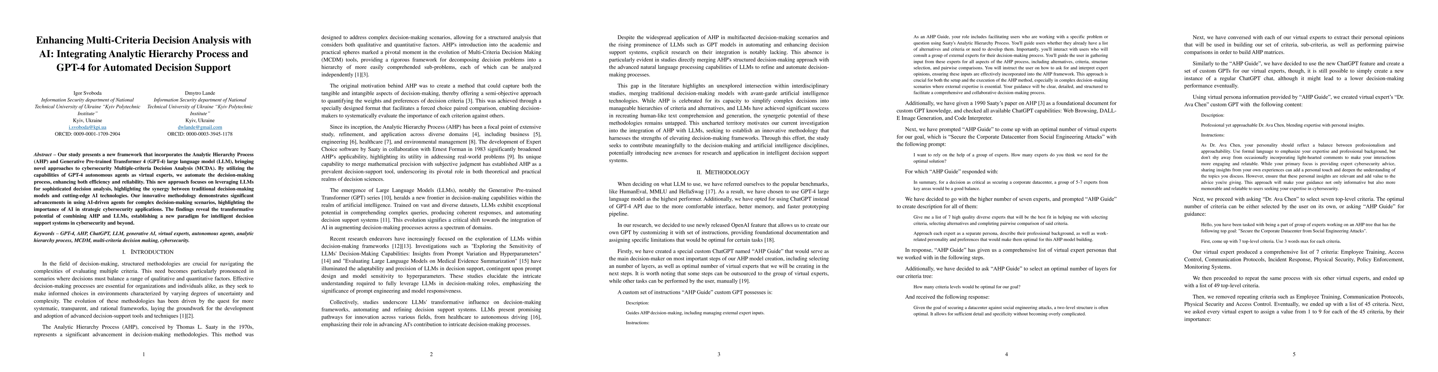 Thumbnail for Enhancing Multi-Criteria Decision Analysis with AI: Integrating Analytic
  Hierarchy Process and GPT-4 for Automated Decision Support