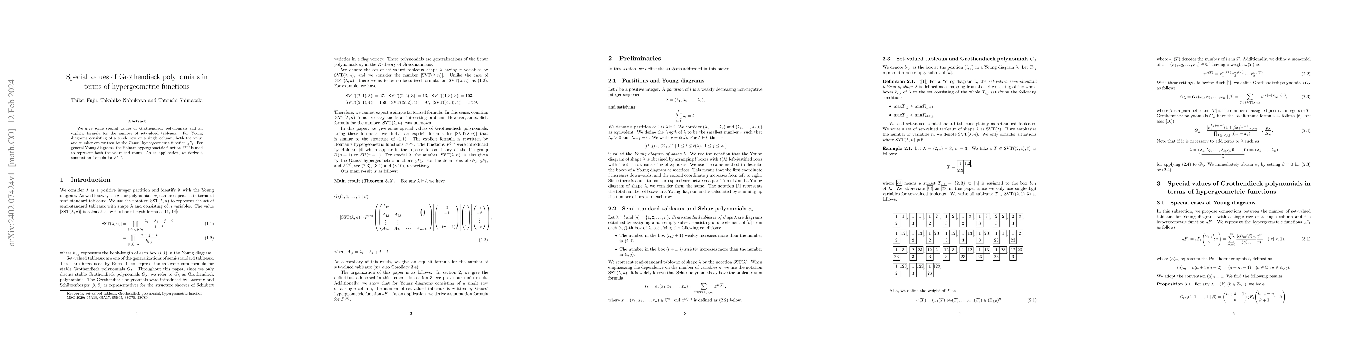 Thumbnail for Special values of Grothendieck polynomials in terms of hypergeometric
  functions