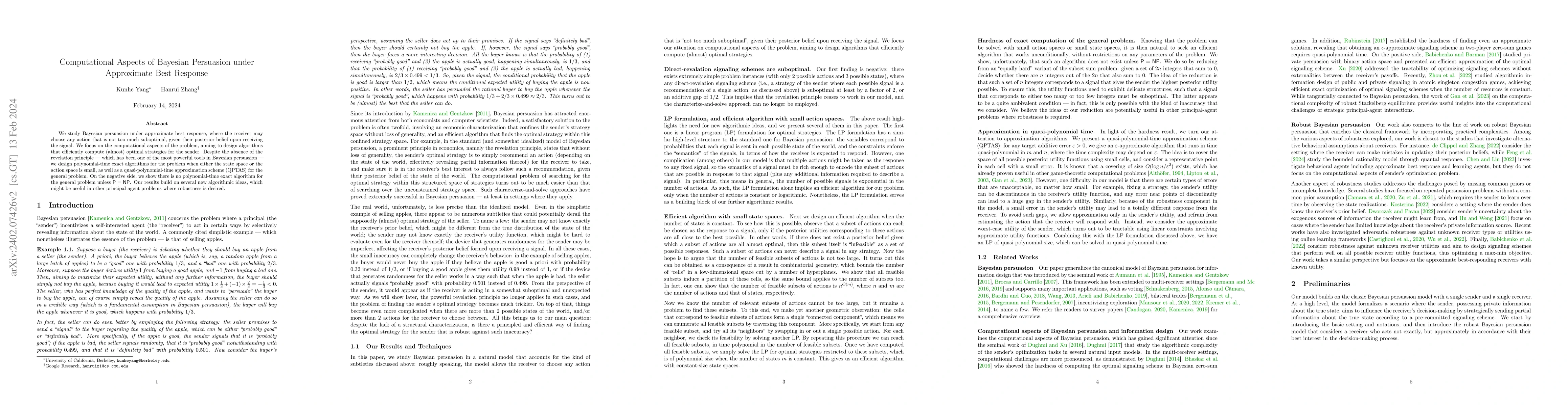 Thumbnail for Computational Aspects of Bayesian Persuasion under Approximate Best
  Response
