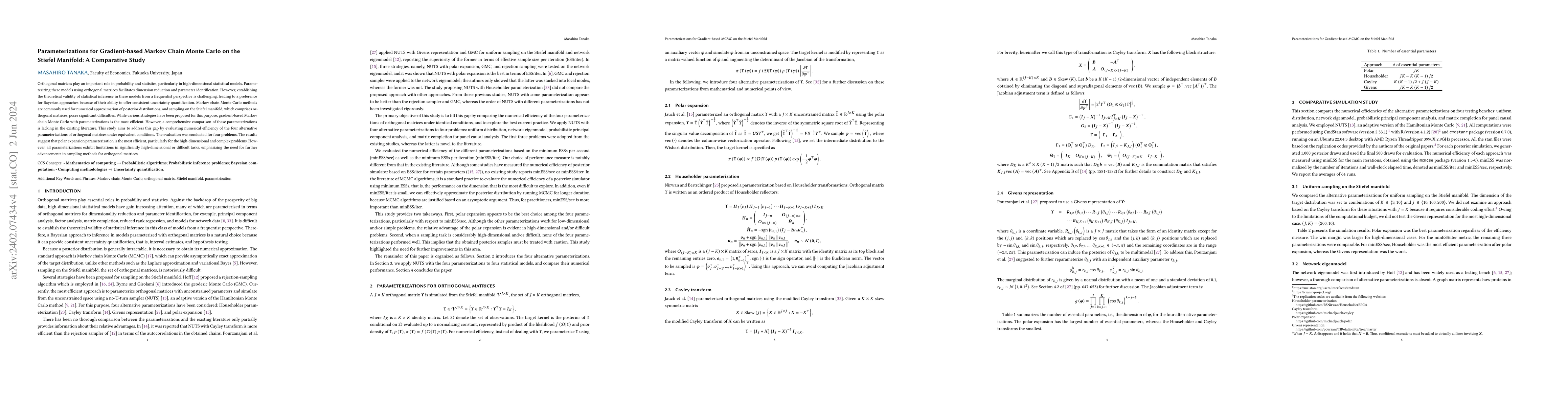 Thumbnail for Parameterizations for Gradient-based Markov Chain Monte Carlo on the
  Stiefel Manifold: A Comparative Study