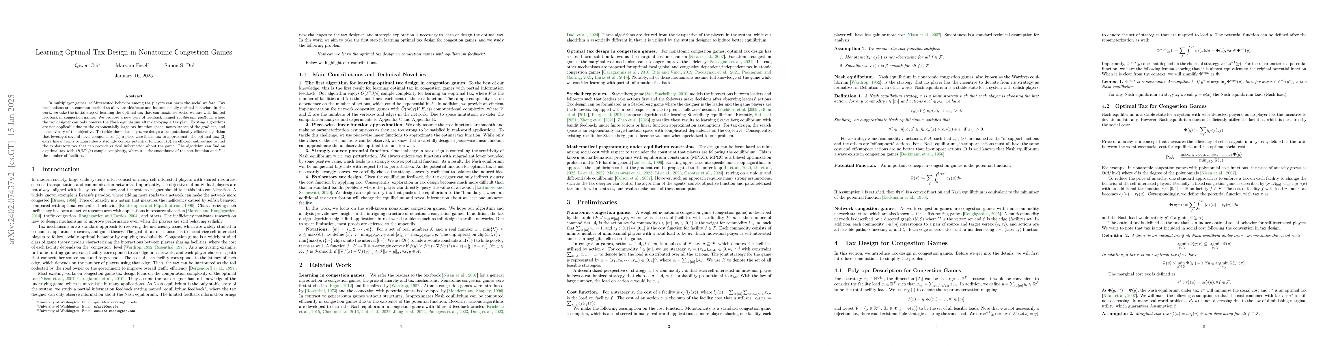 Thumbnail for Learning Optimal Tax Design in Nonatomic Congestion Games