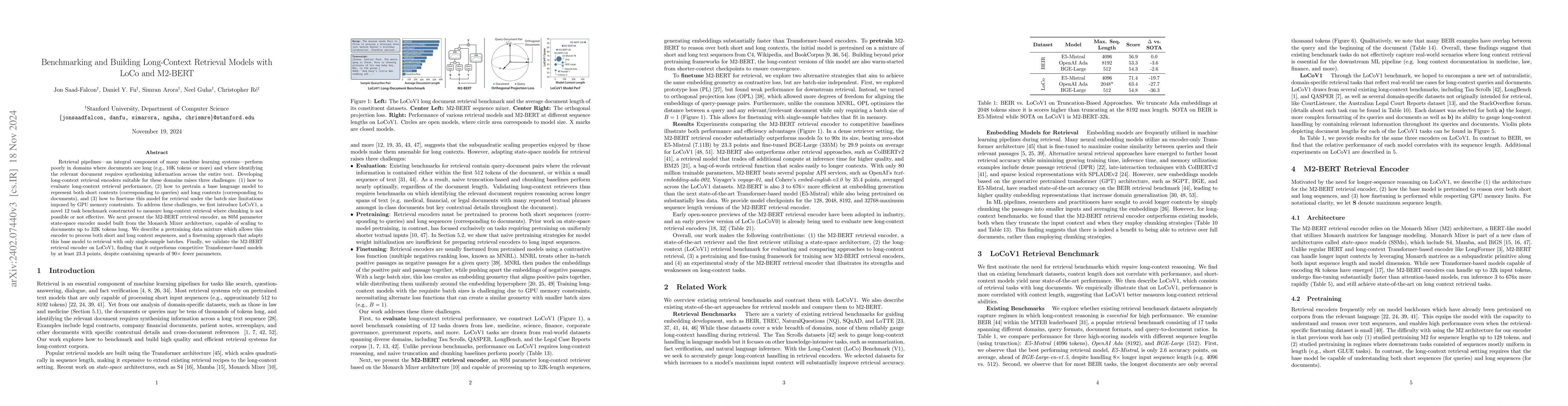 Thumbnail for Benchmarking and Building Long-Context Retrieval Models with LoCo and
  M2-BERT
