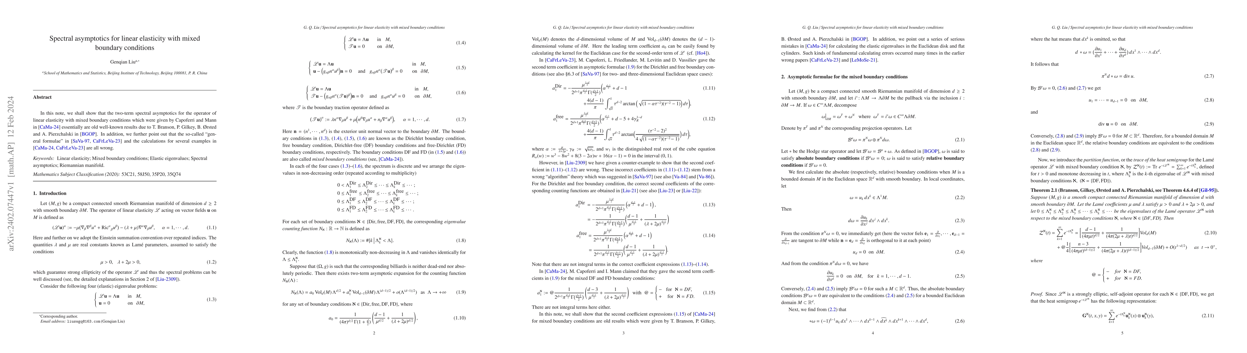 Thumbnail for Spectral asymptotics for linear elasticity with mixed boundary
  conditions