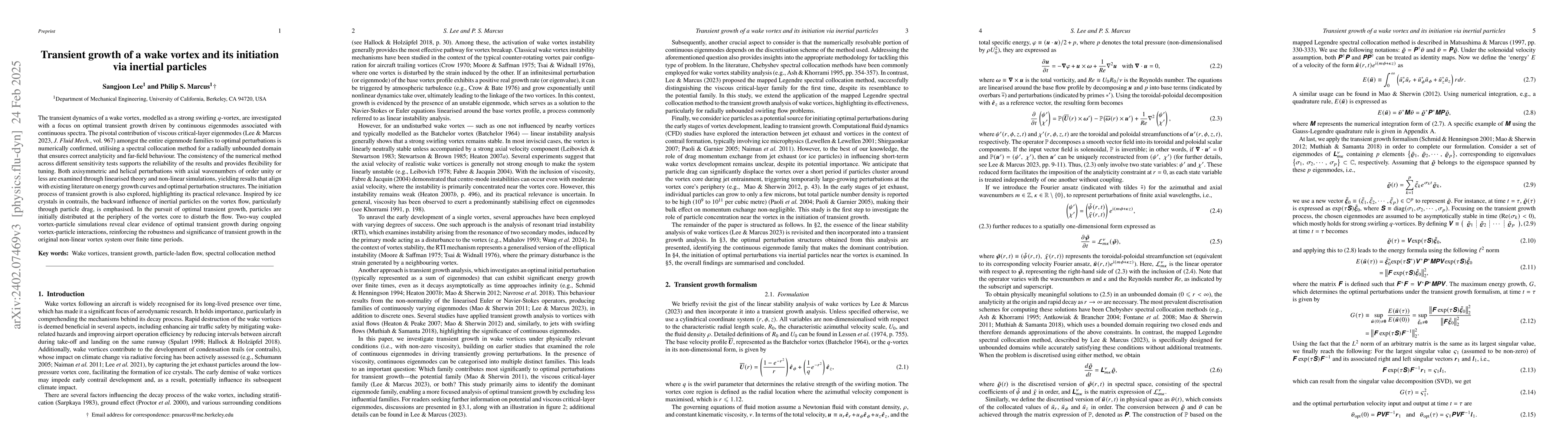 Thumbnail for Transient growth of a wake vortex and its initiation via inertial
  particles