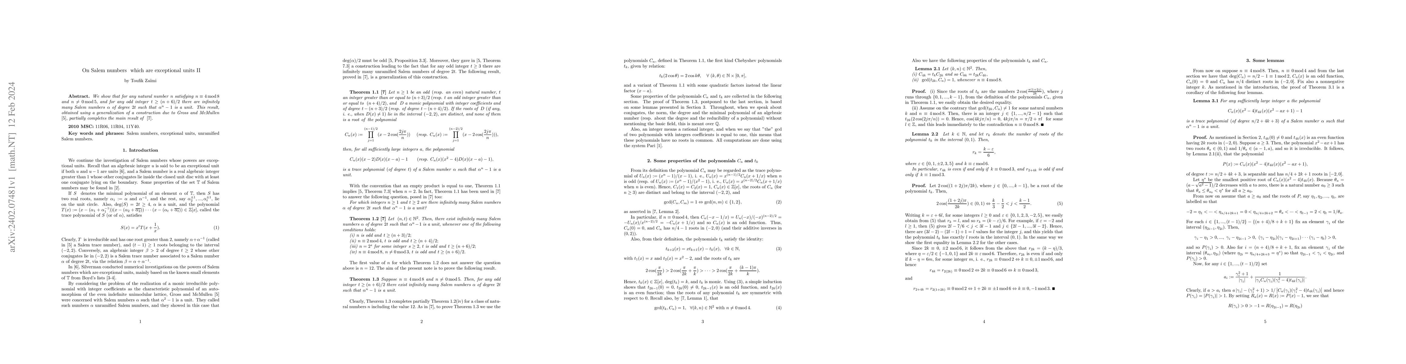 Thumbnail for On Salem numbers which are exceptional units II