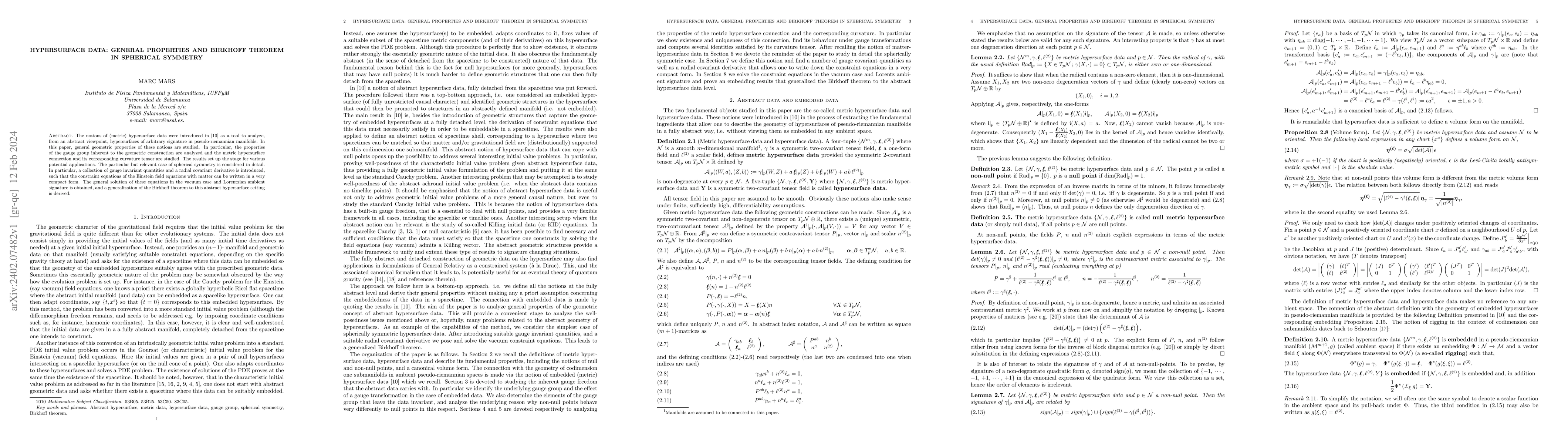 Thumbnail for Hypersurface data: General properties and Birkhoff theorem in spherical
  symmetry