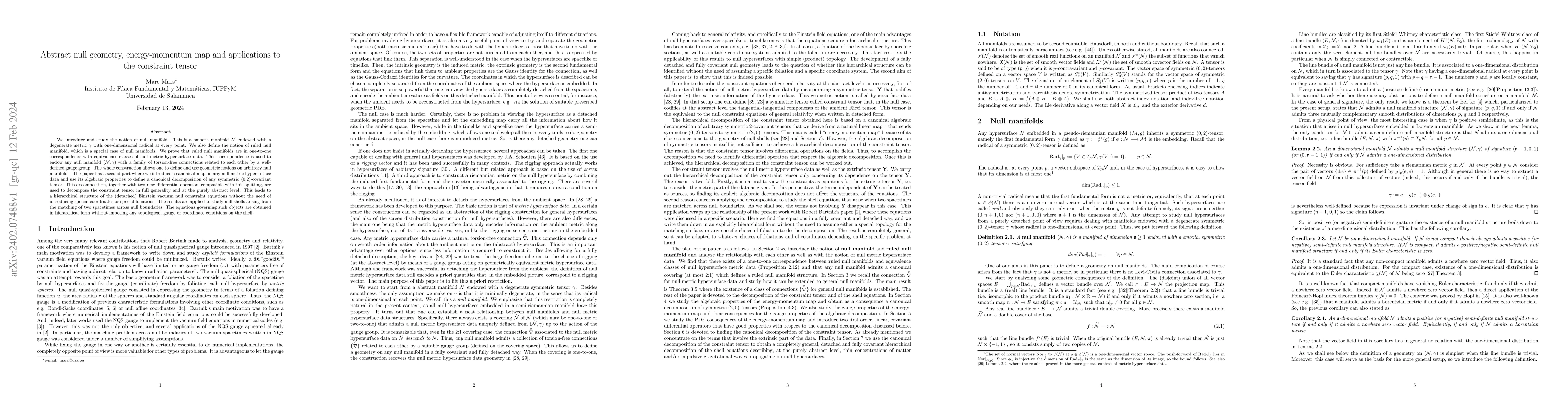 Thumbnail for Abstract null geometry, energy-momentum map and applications to the
  constraint tensor