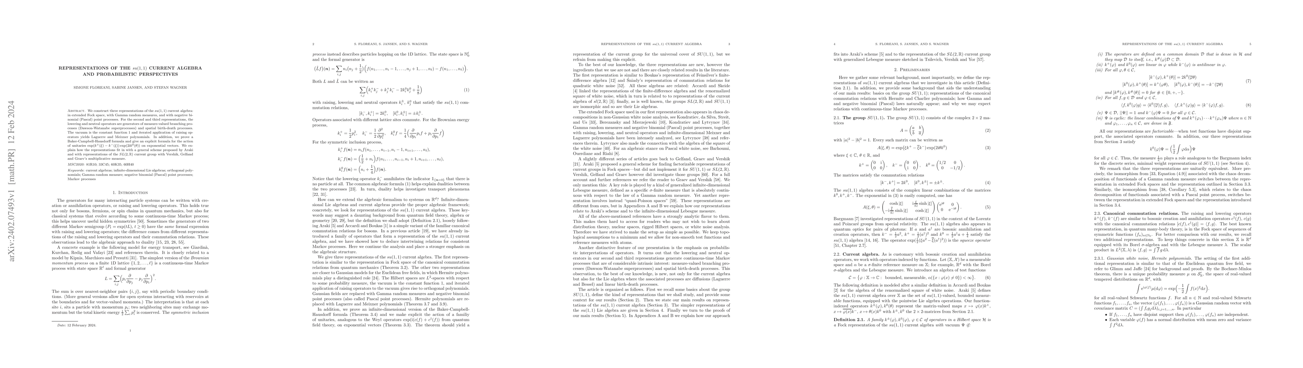 Thumbnail for Representations of the $su(1,1)$ current algebra and probabilistic
  perspectives