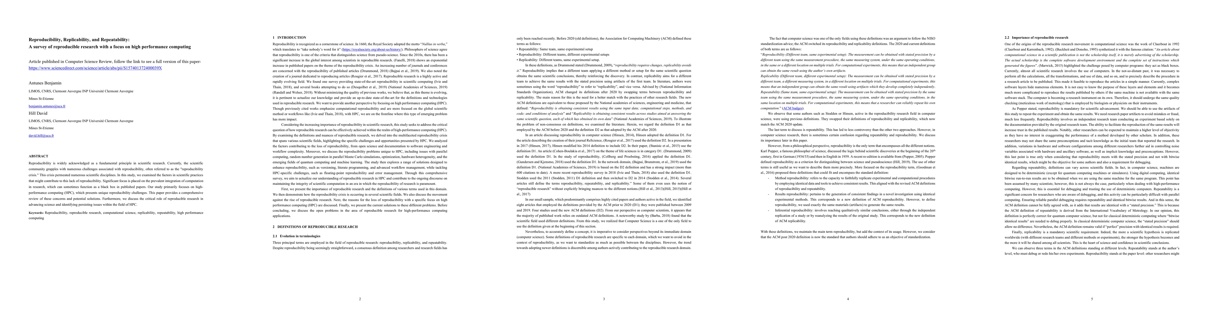 Thumbnail for Reproducibility, Replicability, and Repeatability: A survey of
  reproducible research with a focus on high performance computing