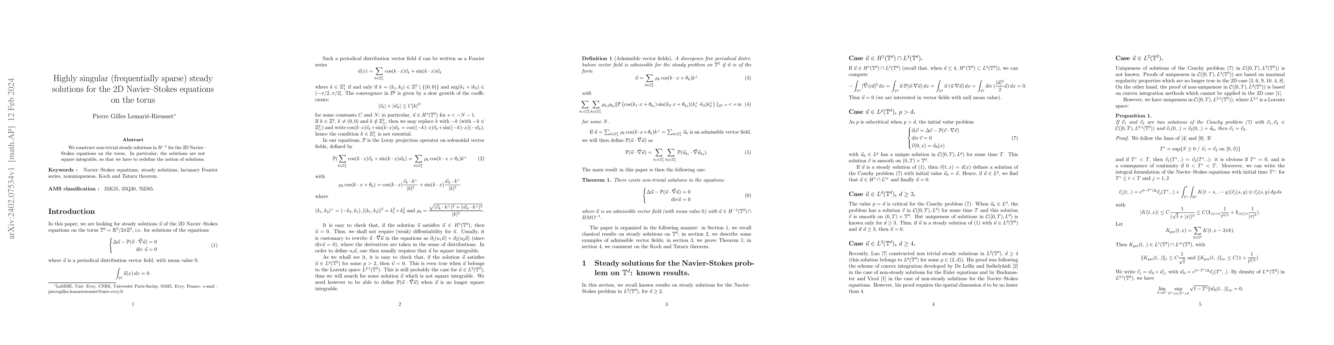 Thumbnail for Highly singular (frequentially sparse) steady solutions for the 2D
  Navier-Stokes equations on the torus