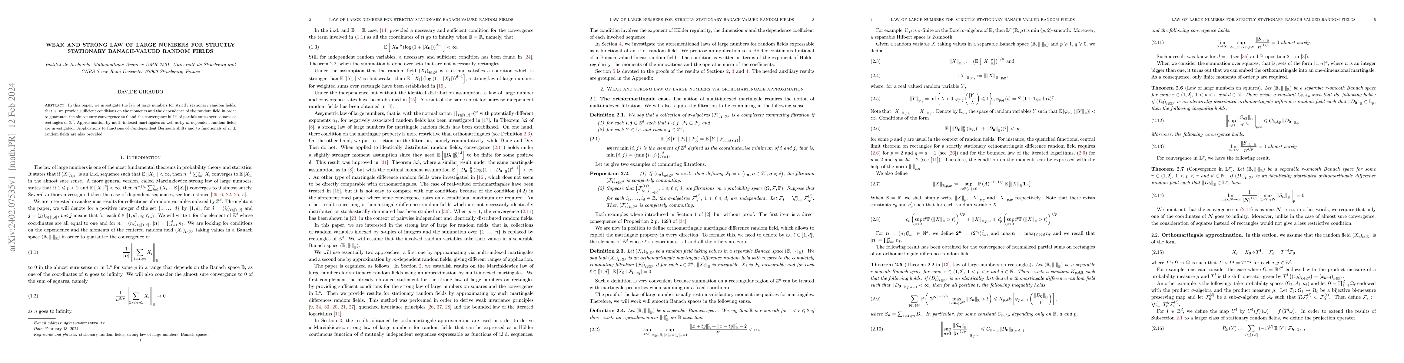 Thumbnail for Weak and strong law of large numbers for strictly stationary
  Banach-valued random fields