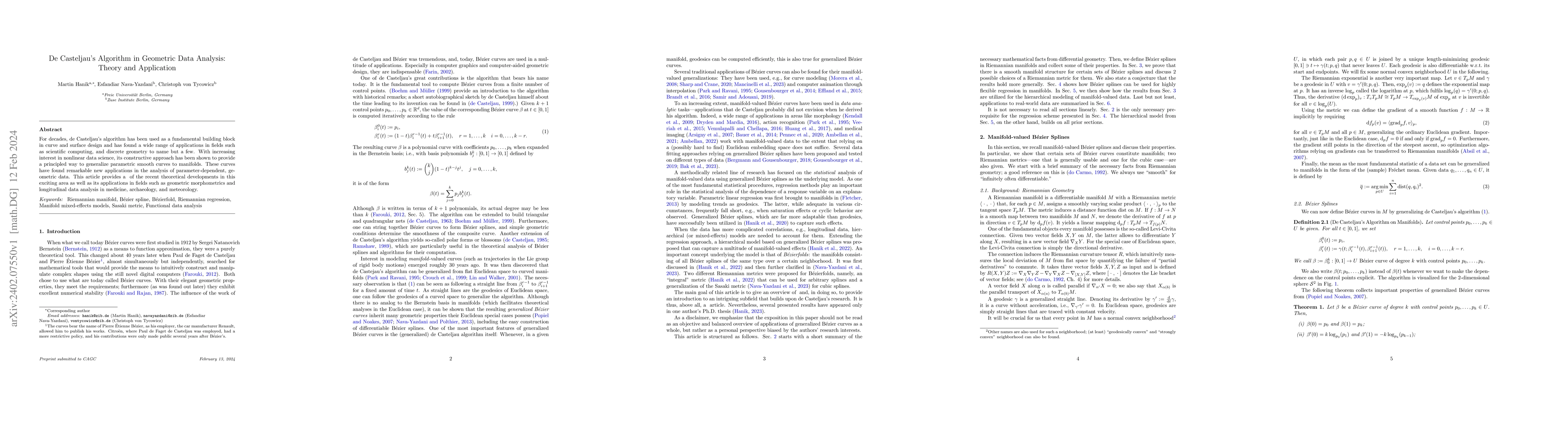 Thumbnail for De Casteljau's Algorithm in Geometric Data Analysis: Theory and
  Application