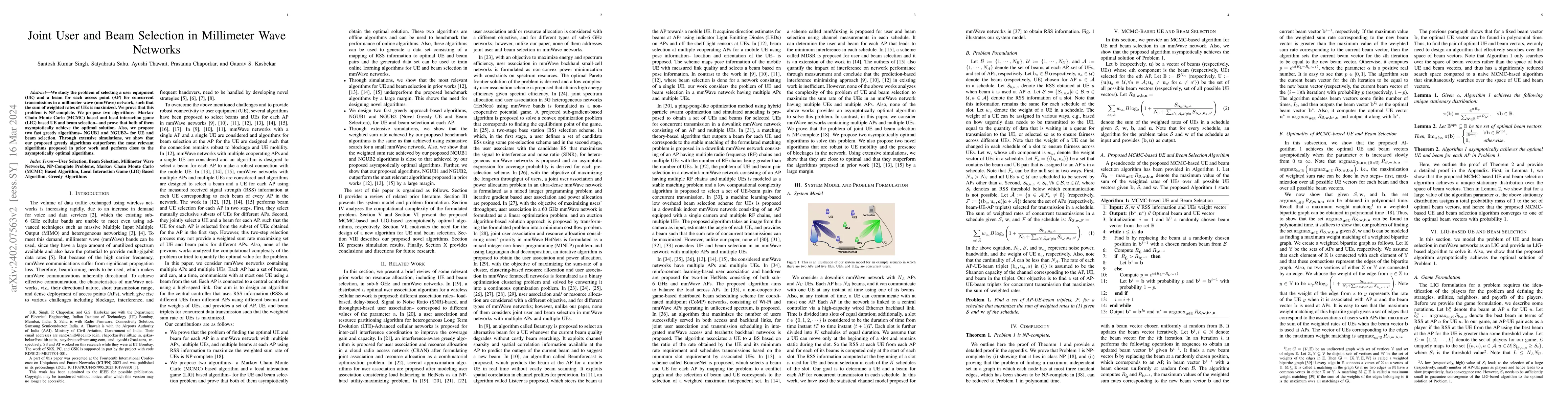 Thumbnail for Joint User and Beam Selection in Millimeter Wave Networks
