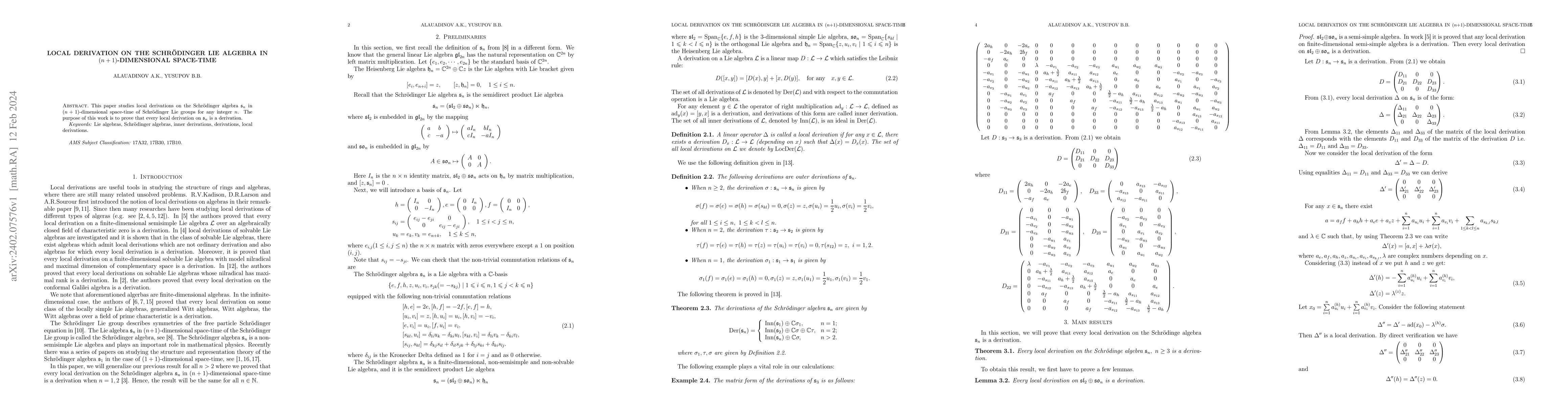 Thumbnail for Local derivation on the Schr{\"o}dinger Lie algebra in
  $(n+1)$-dimensional space-time
