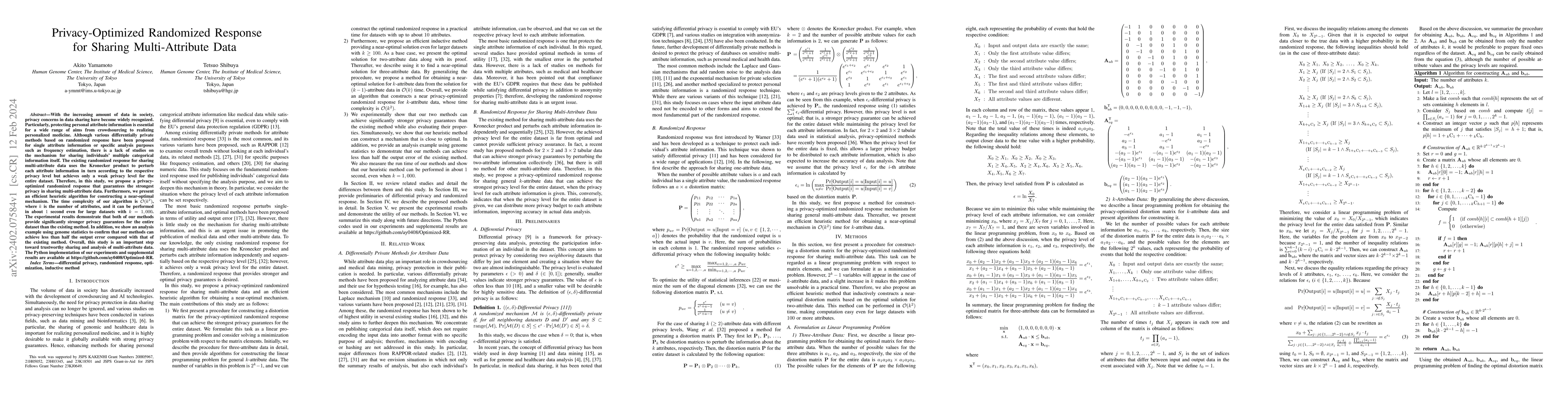 Thumbnail for Privacy-Optimized Randomized Response for Sharing Multi-Attribute Data