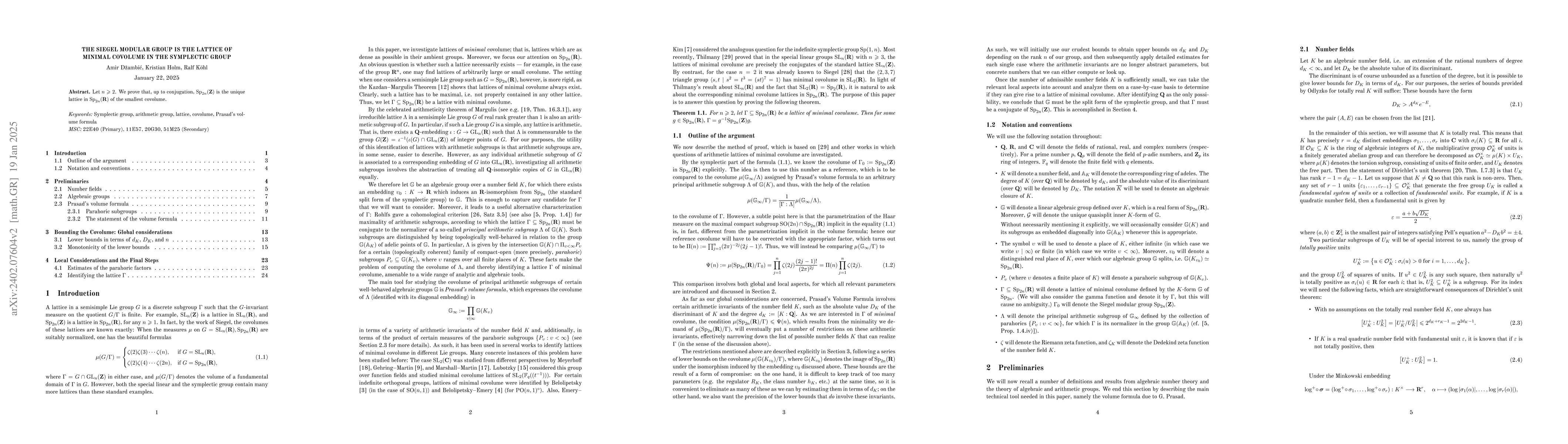 Thumbnail for The Siegel Modular Group is the Lattice of Minimal Covolume in the
  Symplectic Group
