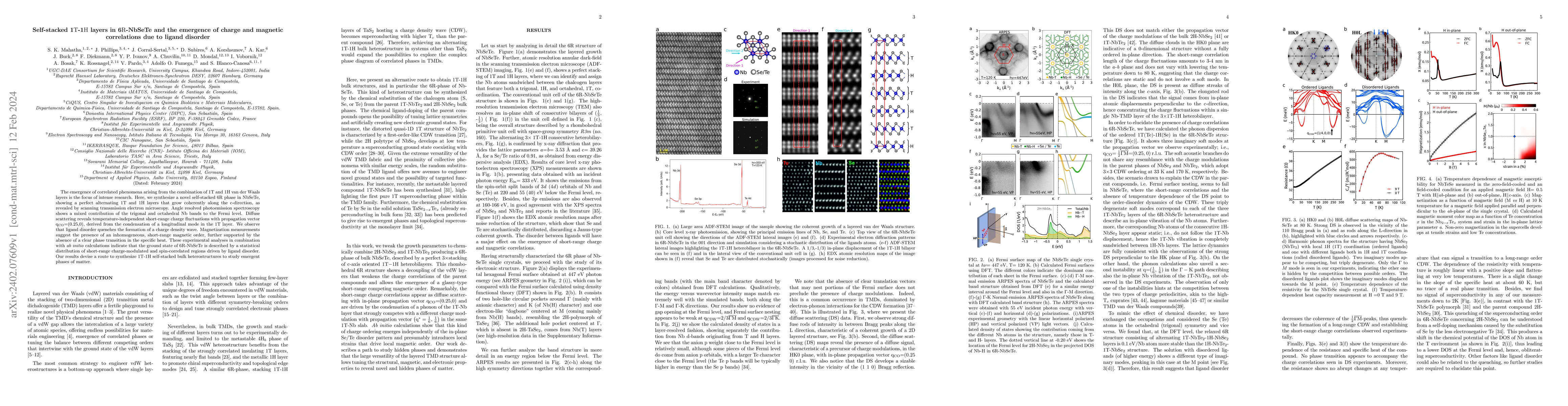 Thumbnail for Self-stacked 1$\mathrm{T}$-1$\mathrm{H}$ layers in 6$\mathrm{R}$-NbSeTe
  and the emergence of charge and magnetic correlations due to ligand disorder